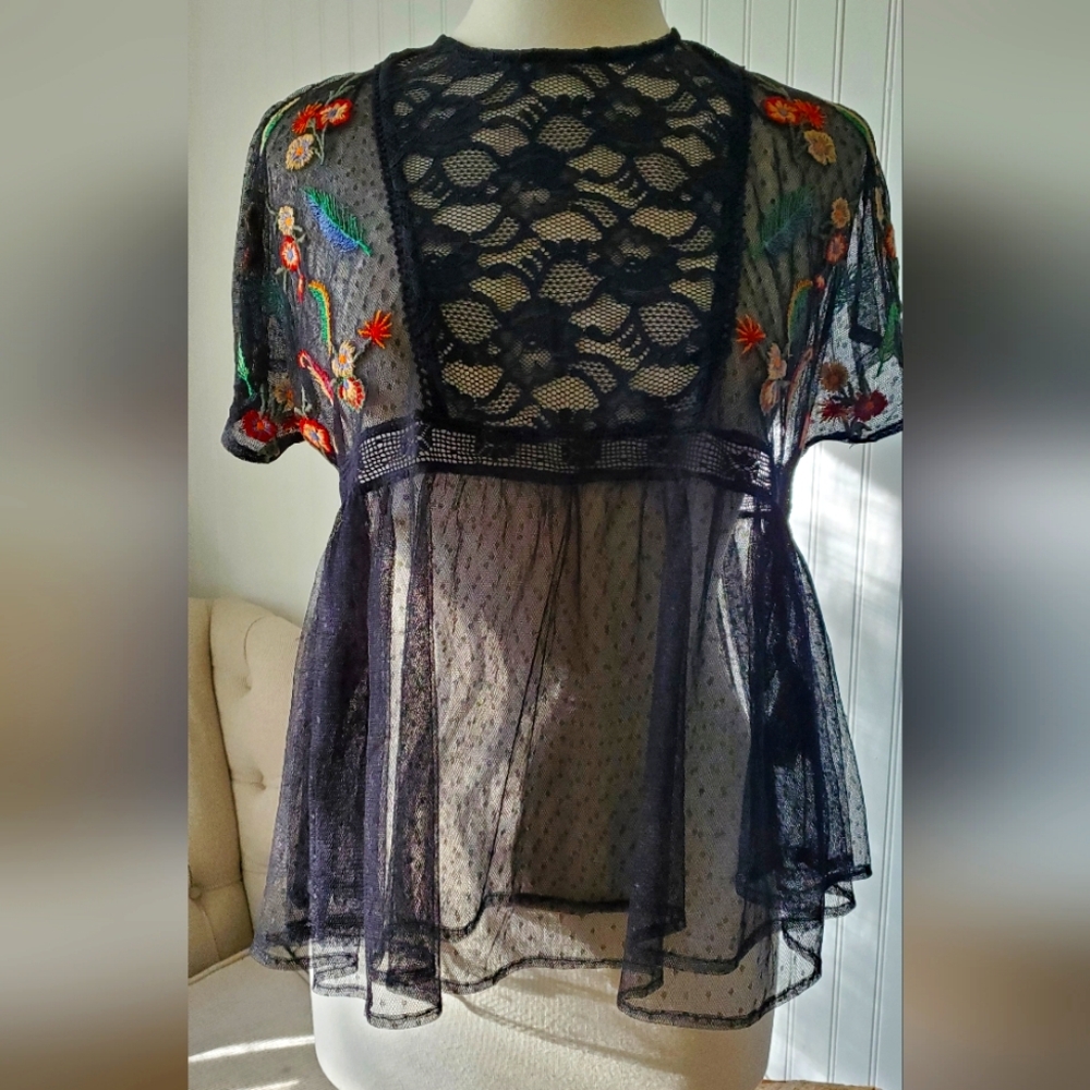 Zara Floral Embroidered Lace Mesh Top